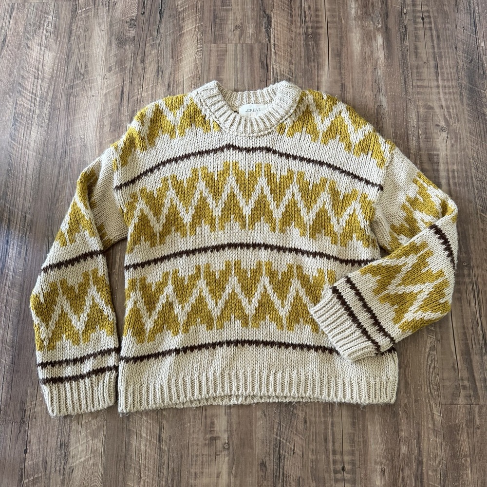 The Great. Sweater 3/L The Folk Pullover Earth Tan Yellow Wool Alpaca Fair Isle - Picture 3 of 10